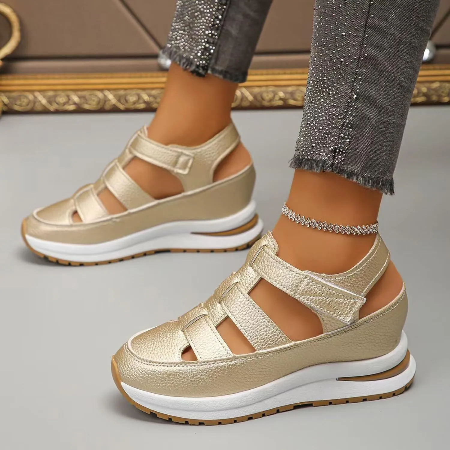 Bootara Women'S Plus Size Hollow-Out Casual Sandals, Closed Toe Platform Sandals Height-Boosting Thick Sole