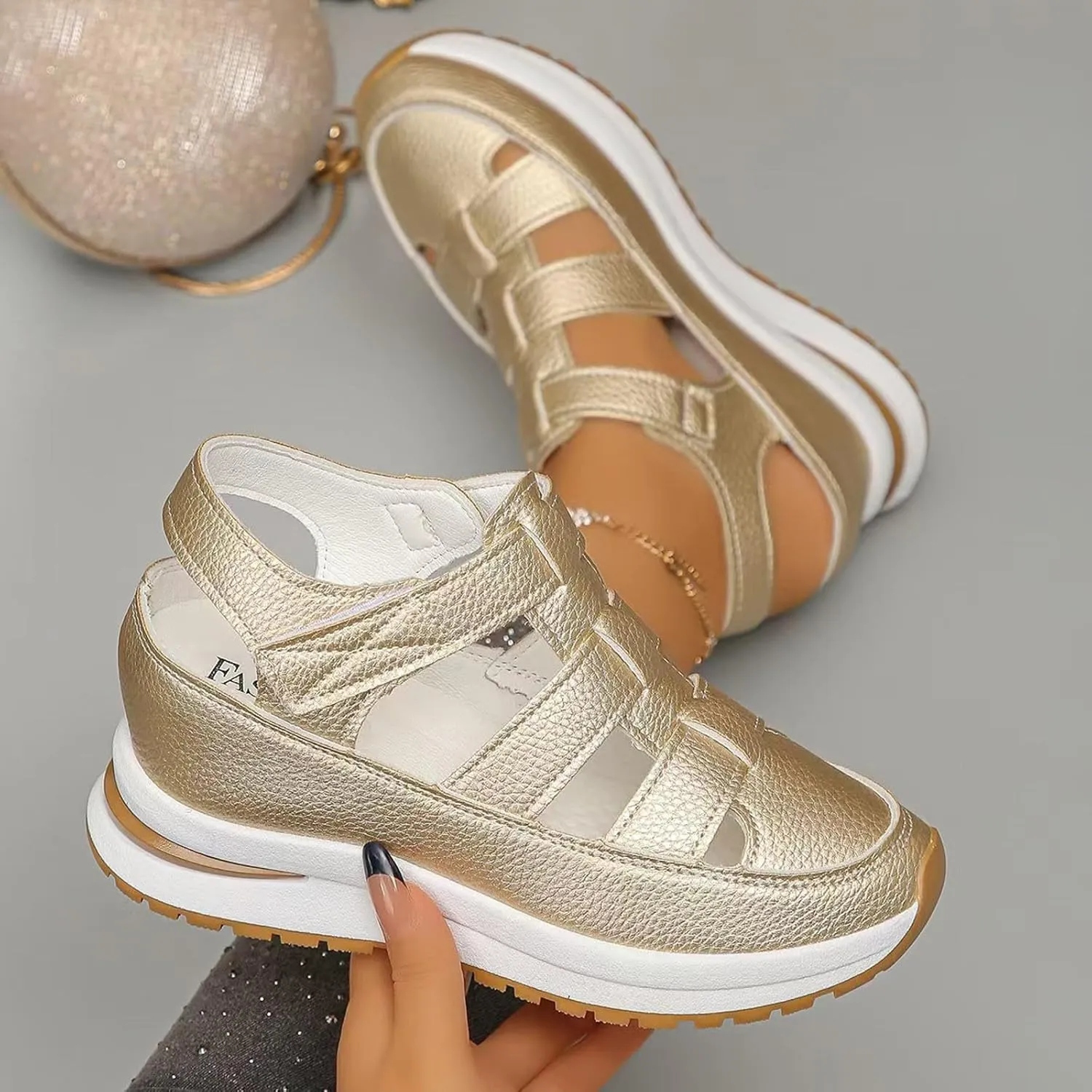 Bootara Women'S Plus Size Hollow-Out Casual Sandals, Closed Toe Platform Sandals Height-Boosting Thick Sole