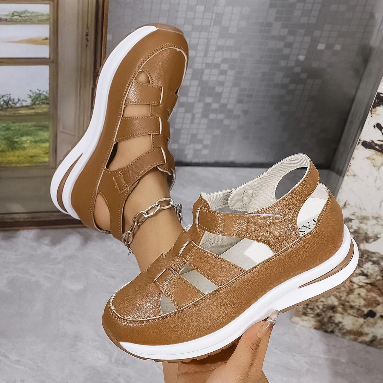 Bootara Women'S Plus Size Hollow-Out Casual Sandals, Closed Toe Platform Sandals Women, Extra Wide For Women Plus Size, Closed Toe Platform Height-Boosting