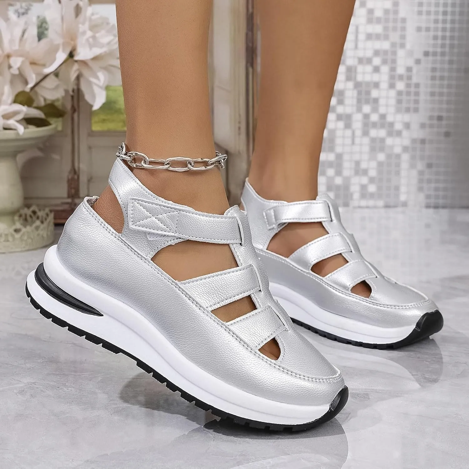 Bootara Women's Plus Size Hollow-Out Casual Sandals, Closed Toe Sandals Platform Height-Boosting Thick Sole Shoes