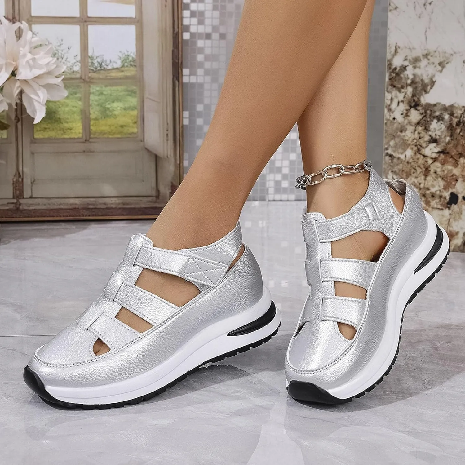 Bootara Women's Plus Size Hollow-Out Casual Sandals, Closed Toe Sandals Platform Height-Boosting Thick Sole Shoes