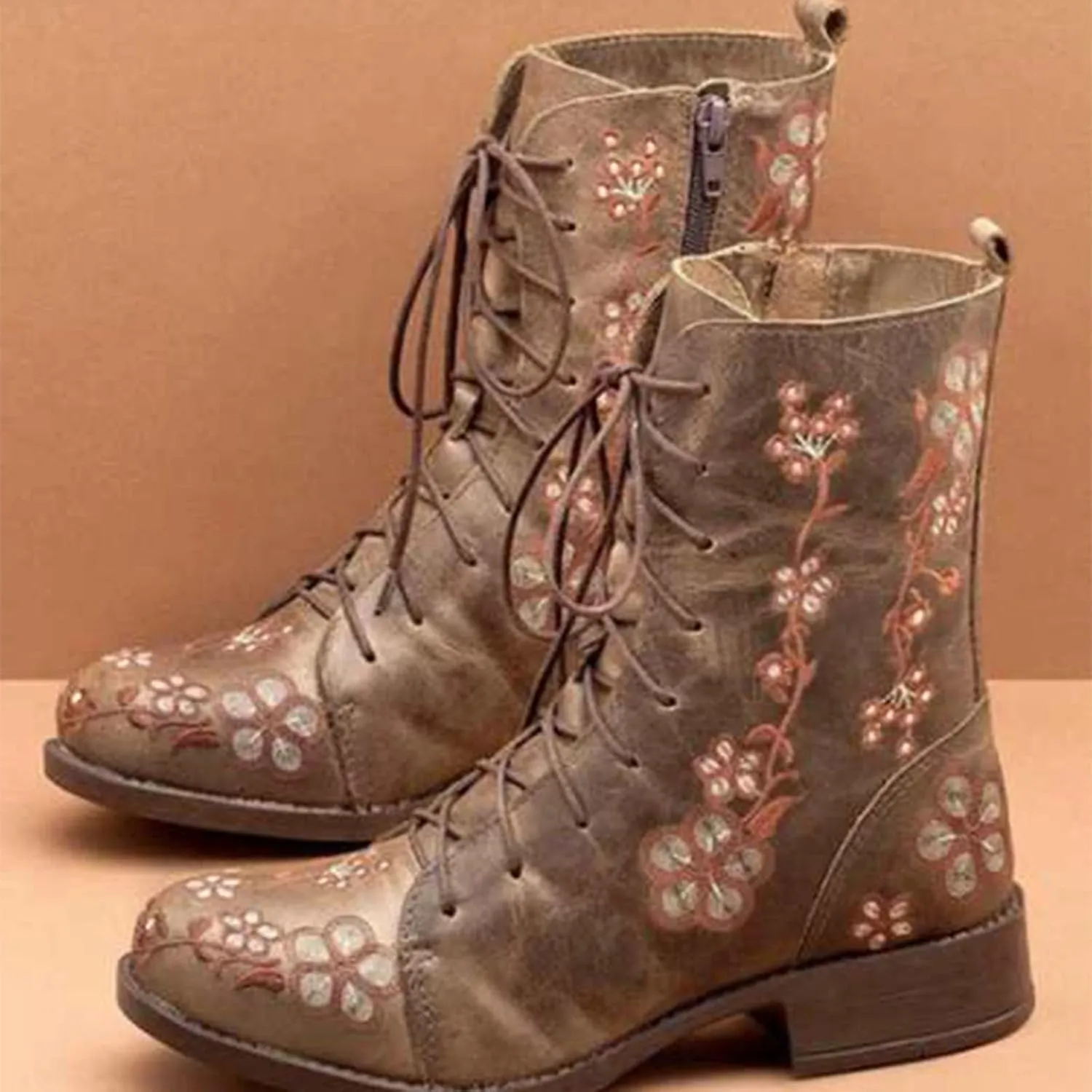 Boots for Women Printed Embroidery Boots Slipper Round Toe Chunky Heel Boots Outdoor Lace Up Mid Calf Boots