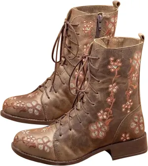 Boots for Women Printed Embroidery Boots Slipper Round Toe Chunky Heel Boots Outdoor Lace Up Mid Calf Boots