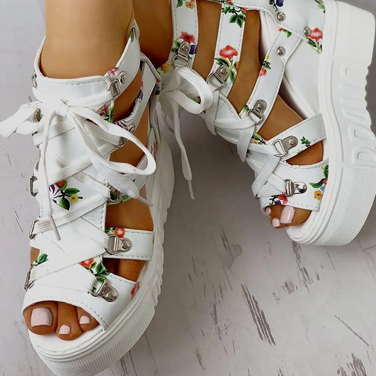 BORAMAX Women Cutout Floral Sandals Casual Summer Open Toe Floral Sandals Wedge Sandals Lace up Back Zipper Platform Sandals