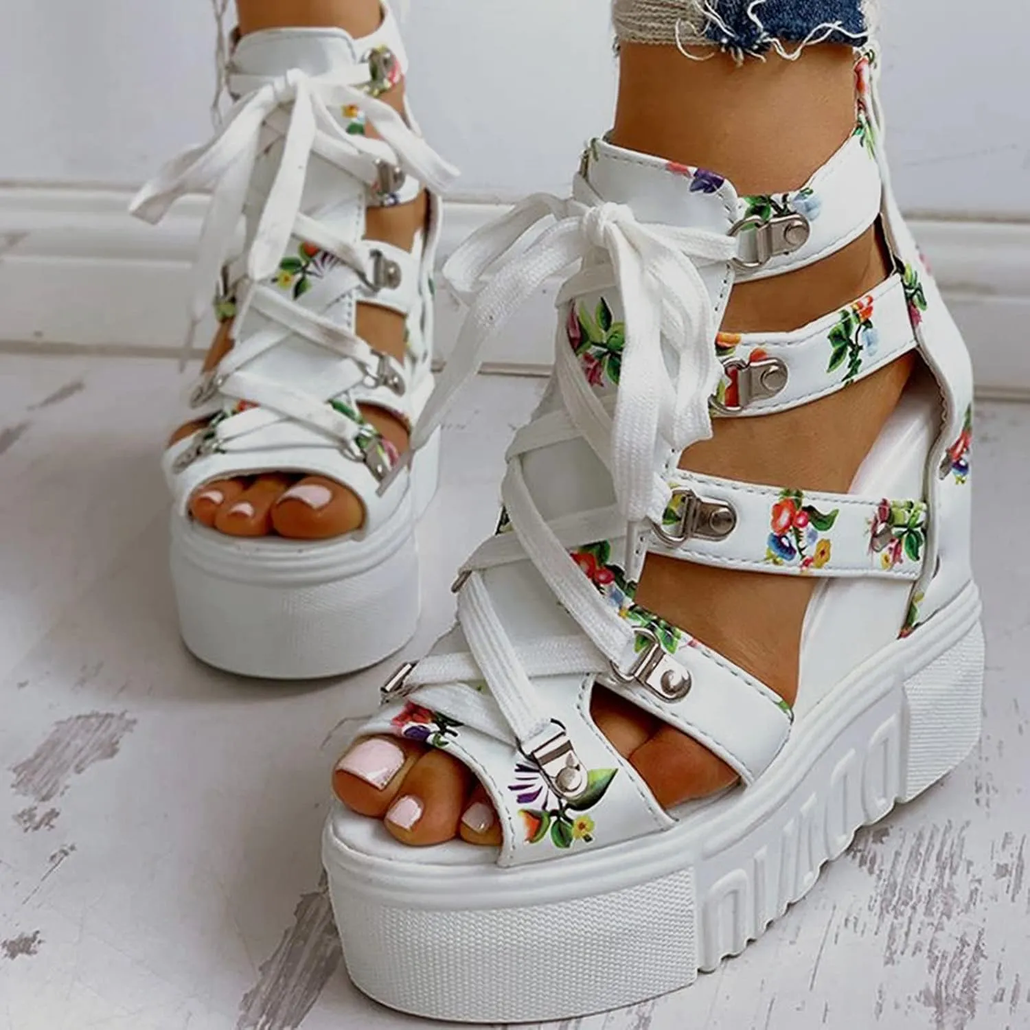 BORAMAX Women Cutout Floral Sandals Casual Summer Open Toe Floral Sandals Wedge Sandals Lace up Back Zipper Platform Sandals