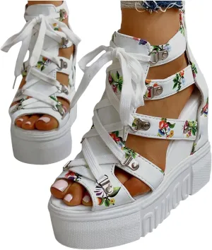 BORAMAX Women Cutout Floral Sandals Casual Summer Open Toe Floral Sandals Wedge Sandals Lace up Back Zipper Platform Sandals