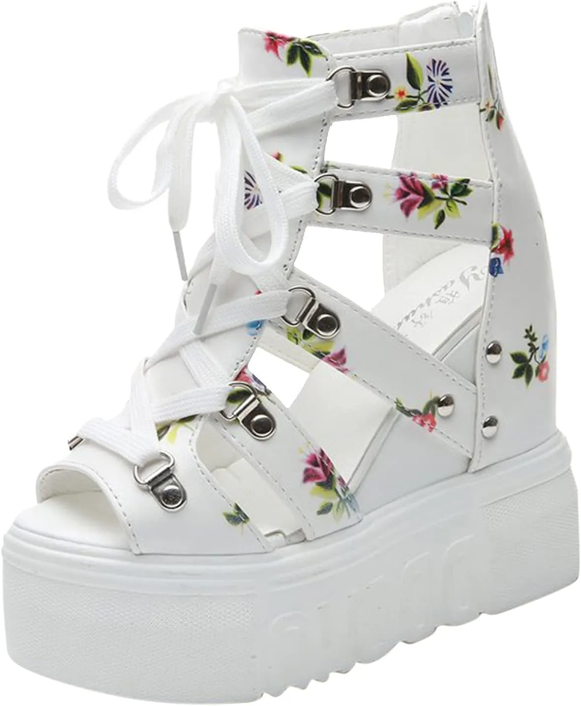 BORAMAX Women Cutout Floral Sandals Casual Summer Open Toe Floral Sandals Wedge Sandals Lace up Back Zipper Platform Sandals