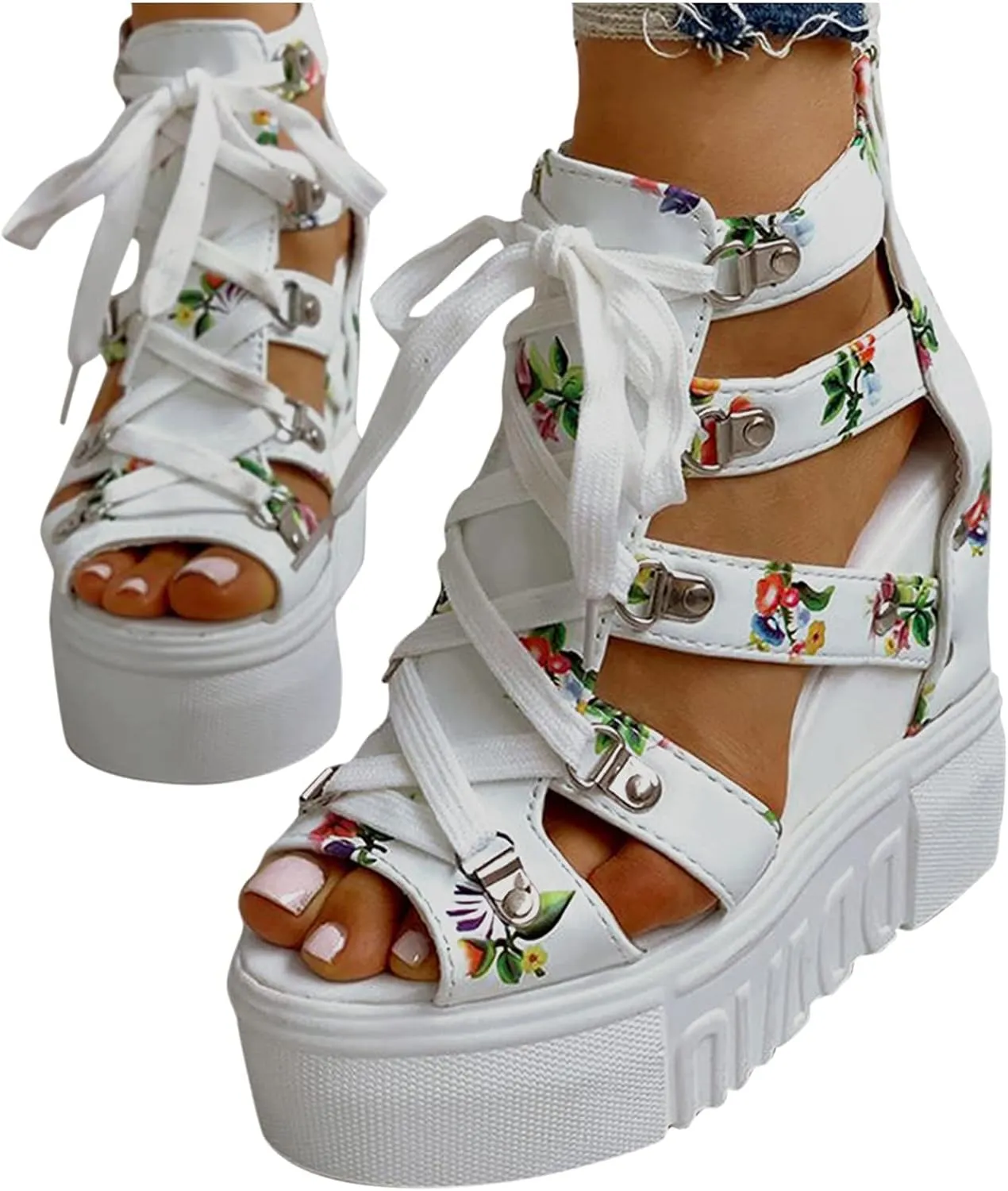 BORAMAX Women Cutout Floral Sandals Casual Summer Open Toe Floral Sandals Wedge Sandals Lace up Back Zipper Platform Sandals