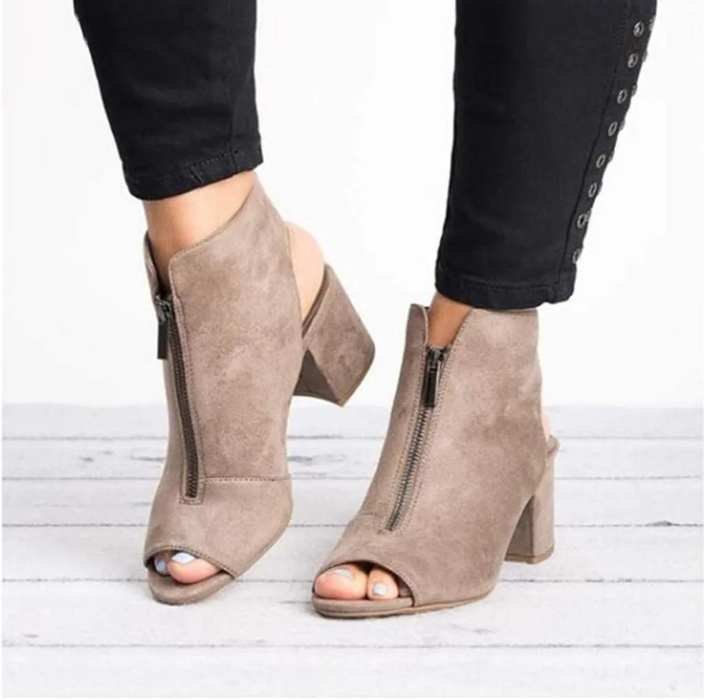 BORAMAX Womens Open Toe Heel Sandals,Fashion Cutout Side Strap Zipper Chunky Heel Sandals Slip On Ankle Backless Booties