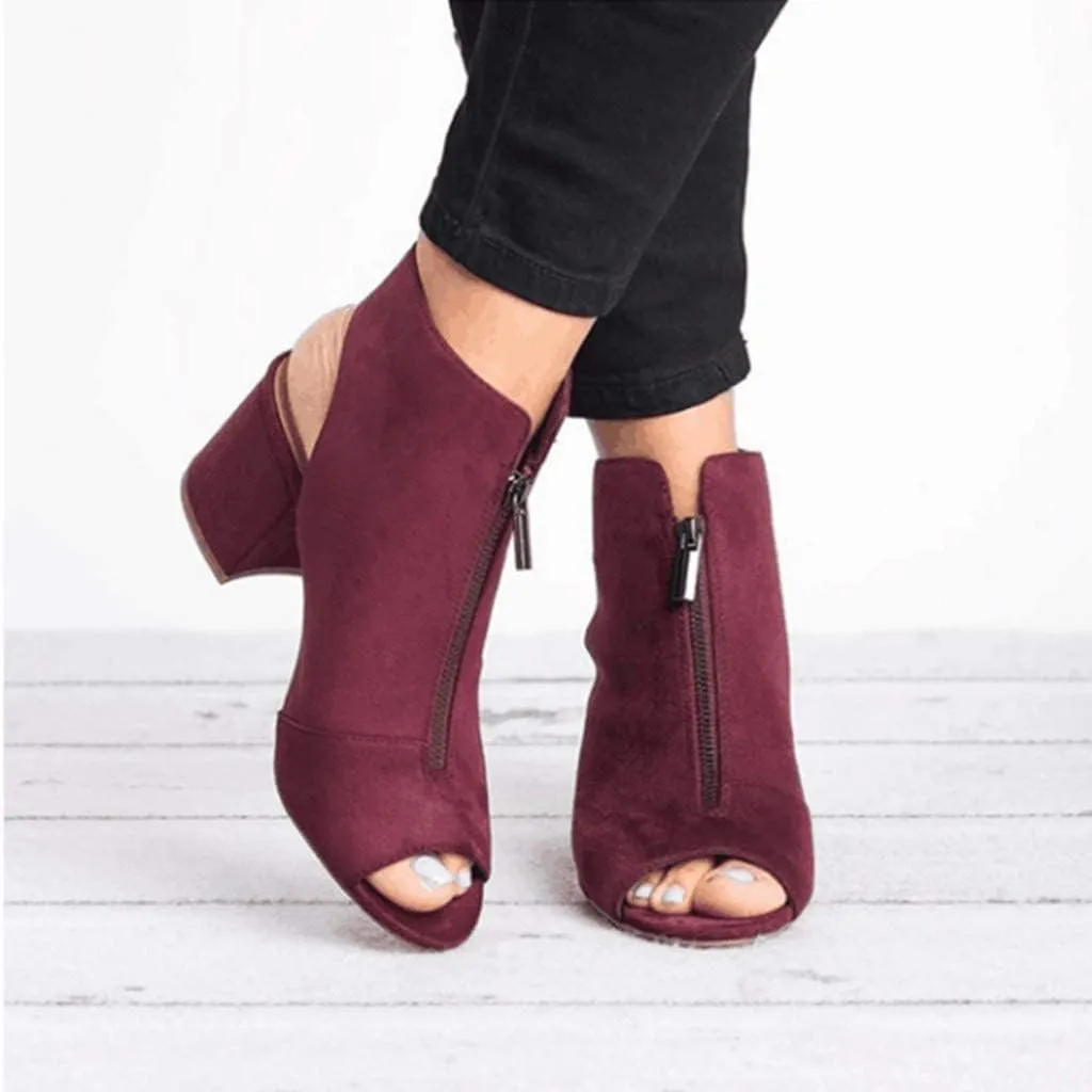 BORAMAX Womens Open Toe Heel Sandals,Fashion Cutout Side Strap Zipper Chunky Heel Sandals Slip On Ankle Backless Booties