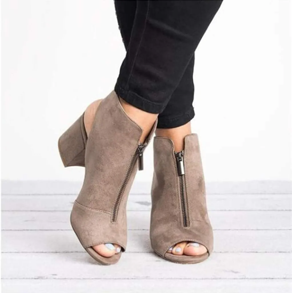 BORAMAX Womens Open Toe Heel Sandals,Fashion Cutout Side Strap Zipper Chunky Heel Sandals Slip On Ankle Backless Booties