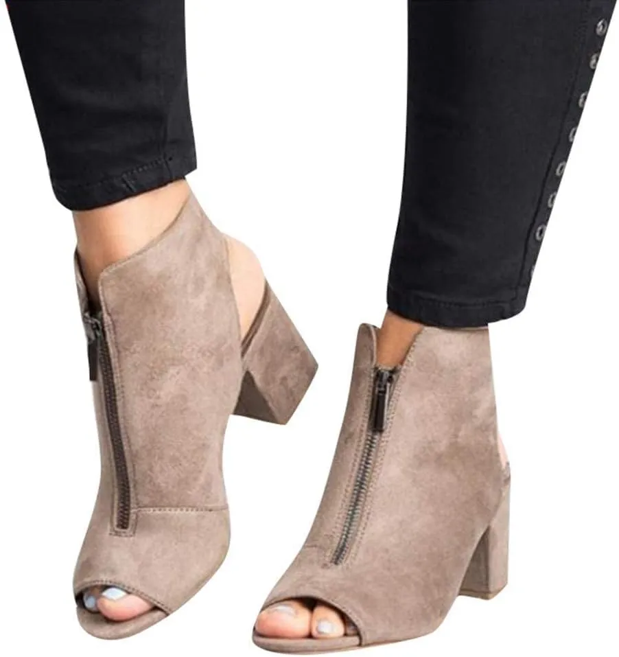 BORAMAX Womens Open Toe Heel Sandals,Fashion Cutout Side Strap Zipper Chunky Heel Sandals Slip On Ankle Backless Booties