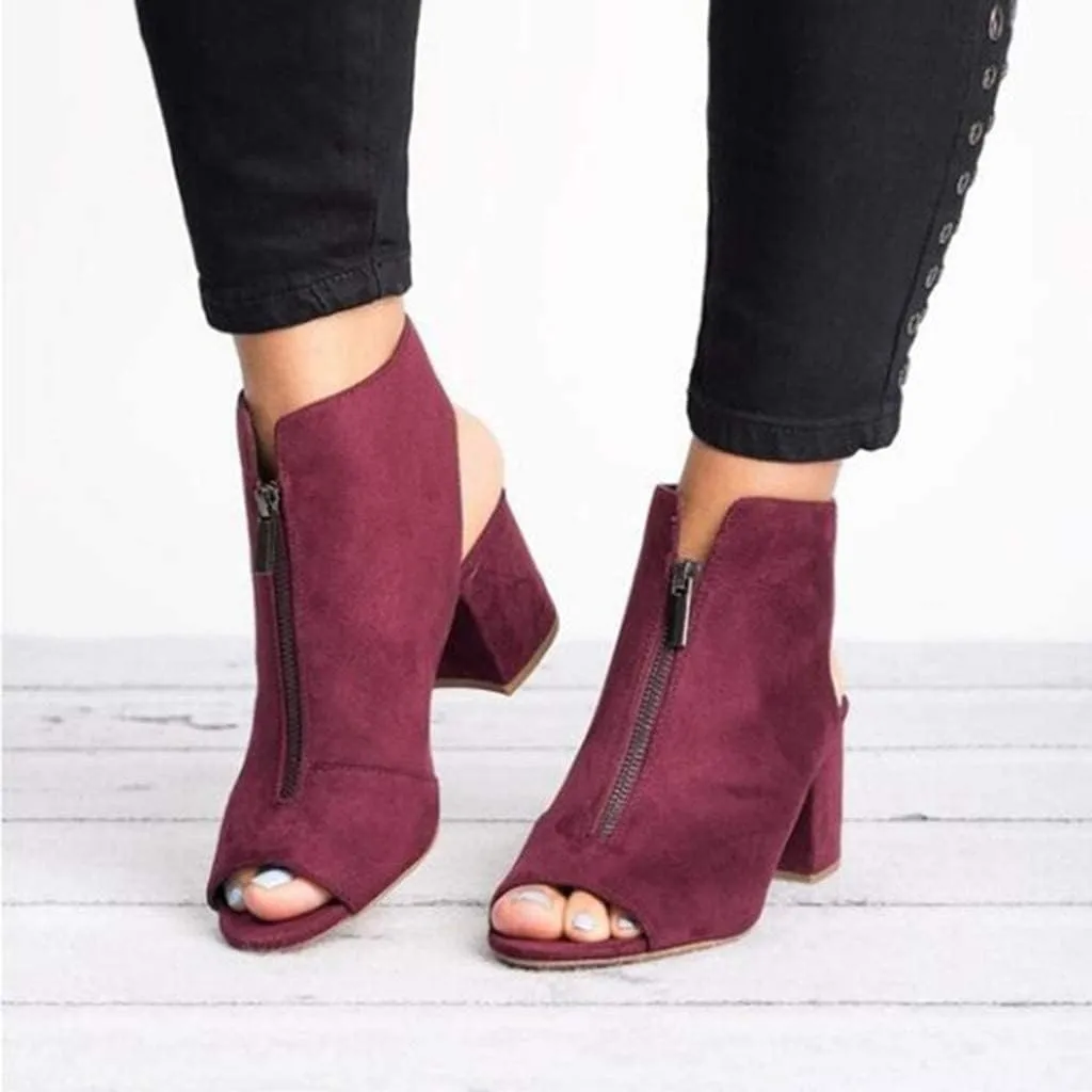 BORAMAX Womens Open Toe Heel Sandals,Fashion Cutout Side Strap Zipper Chunky Heel Sandals Slip On Ankle Backless Booties