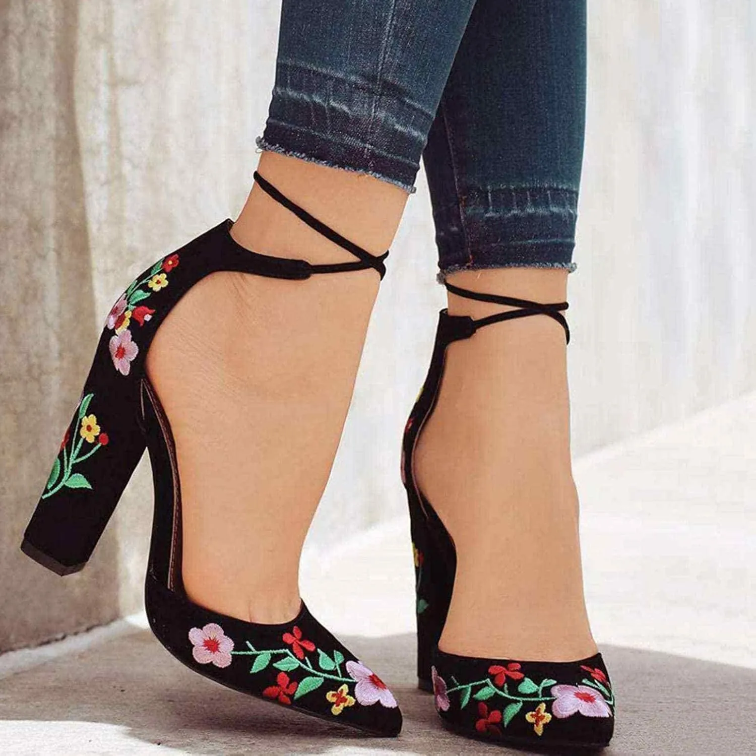 BORAMAX Womens Point Closed Toe Heels Buckle Ankle Strap Sandals Embroidered Chunky Heel Lace Up Party Pumps Sandals