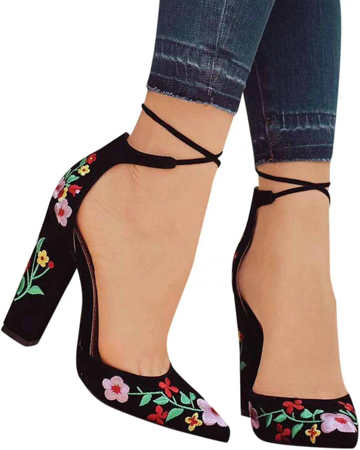 BORAMAX Womens Point Closed Toe Heels Buckle Ankle Strap Sandals Embroidered Chunky Heel Lace Up Party Pumps Sandals