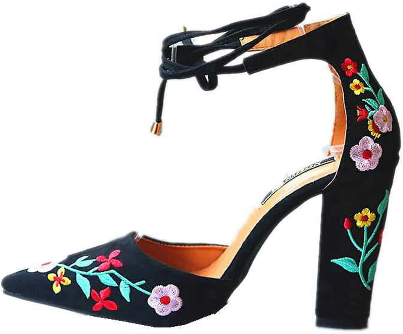 BORAMAX Womens Point Closed Toe Heels Buckle Ankle Strap Sandals Embroidered Chunky Heel Lace Up Party Pumps Sandals