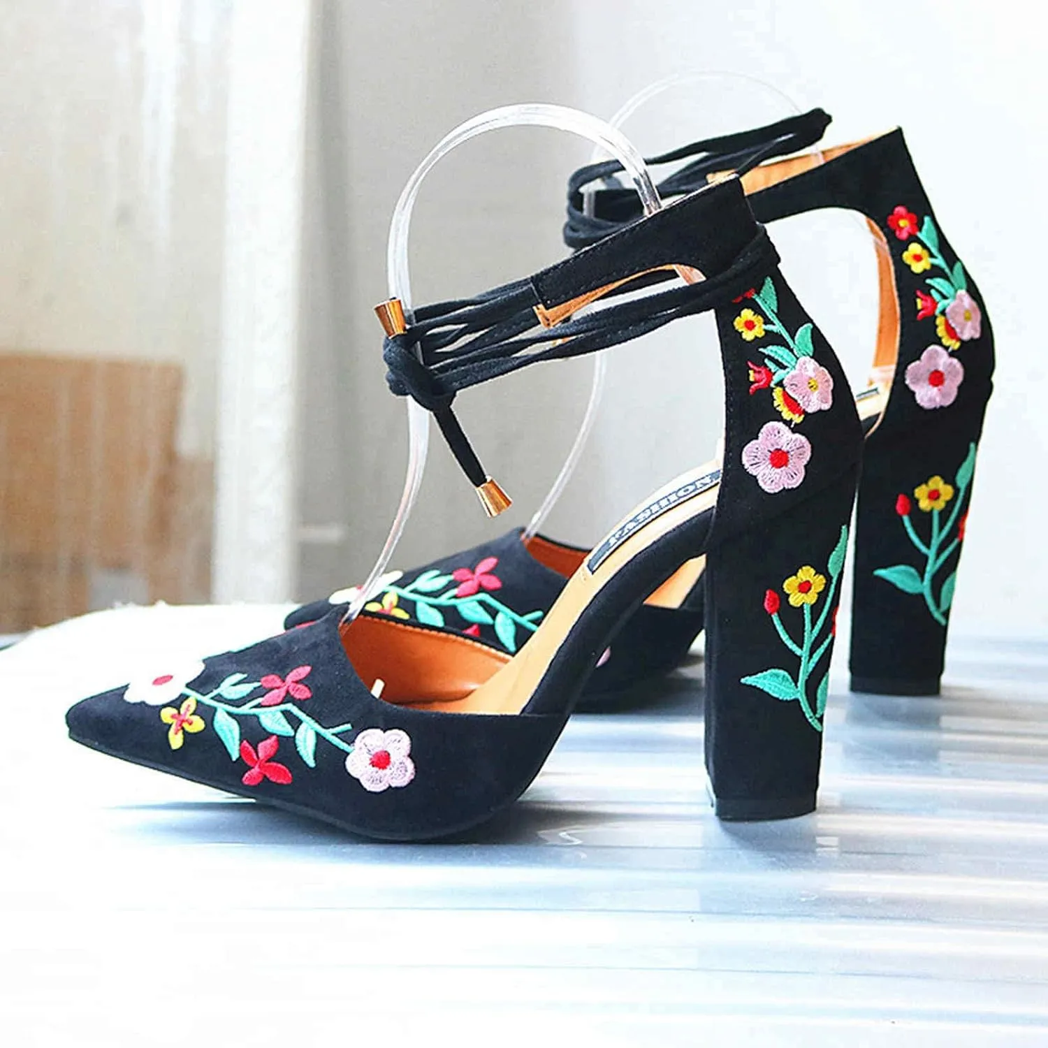 BORAMAX Womens Point Closed Toe Heels Buckle Ankle Strap Sandals Embroidered Chunky Heel Lace Up Party Pumps Sandals