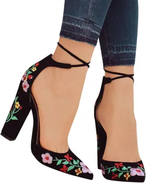 BORAMAX Womens Point Closed Toe Heels Buckle Ankle Strap Sandals Embroidered Chunky Heel Lace Up Party Pumps Sandals