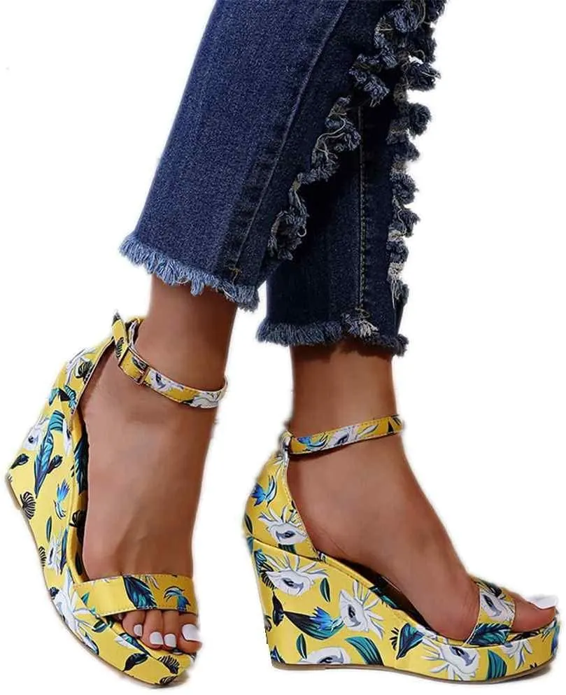 BORAMAX Womens Wedge Platform Sandals Buckle Gladiator Ankle Strap Flower Peep toe Floral Printed Slingback Platform Sandals