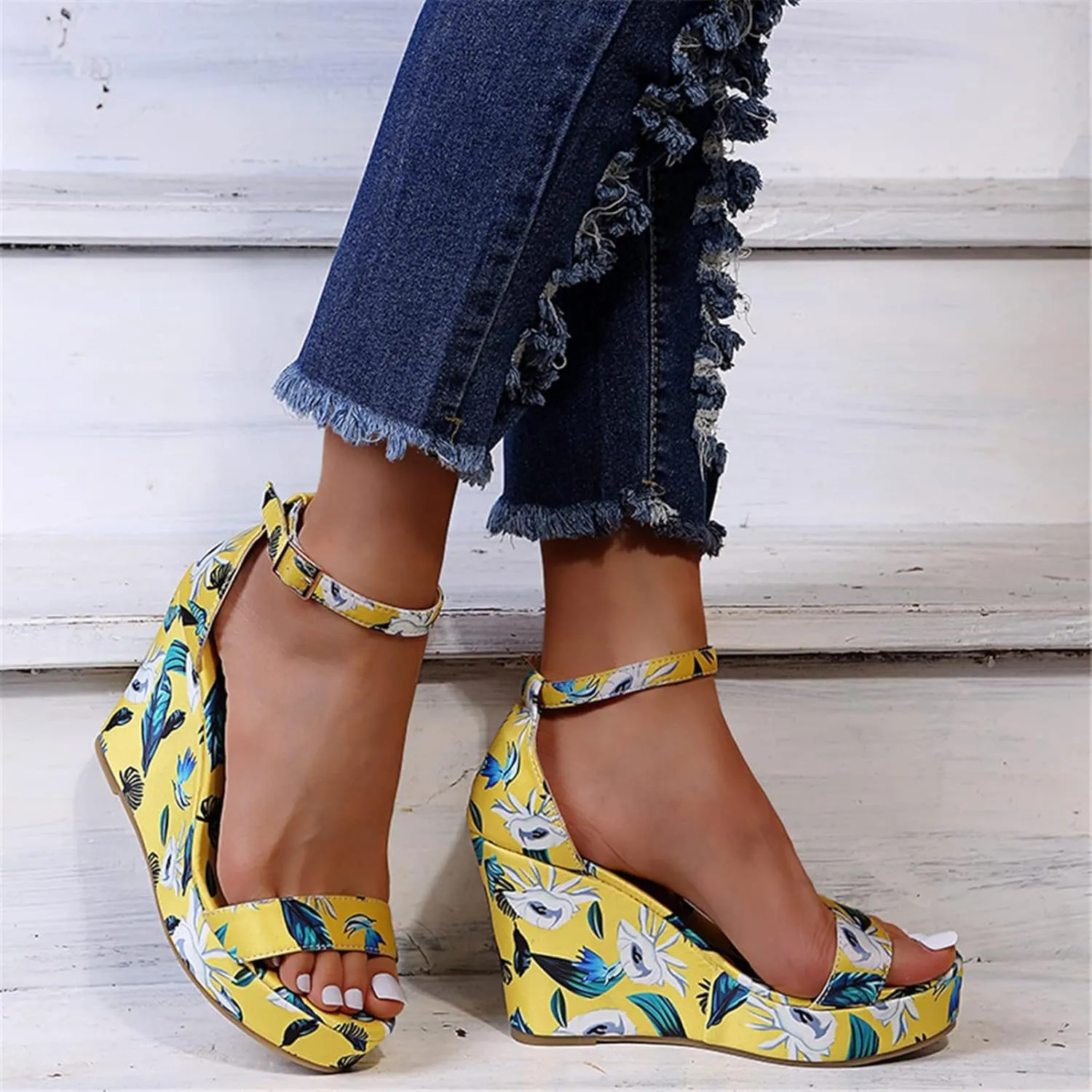 BORAMAX Womens Wedge Platform Sandals Buckle Gladiator Ankle Strap Flower Peep toe Floral Printed Slingback Platform Sandals