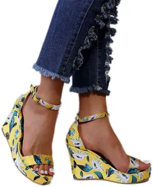 BORAMAX Womens Wedge Platform Sandals Buckle Gladiator Ankle Strap Flower Peep toe Floral Printed Slingback Platform Sandals