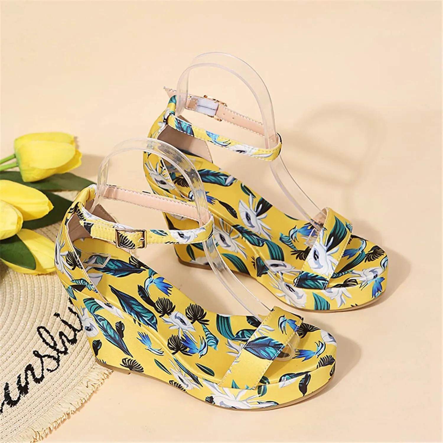BORAMAX Womens Wedge Platform Sandals Buckle Gladiator Ankle Strap Flower Peep toe Floral Printed Slingback Platform Sandals