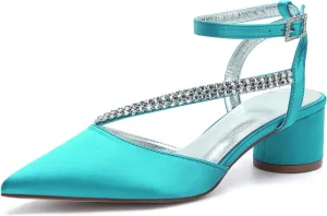 Bridal Shoes Low Heel Rhinestones Satin Strappy Wedding Shoes 4.5CM Pointed Closed Toe Women Party Ankle Strap Sandals Pumps for Prom,Blue green,11.5