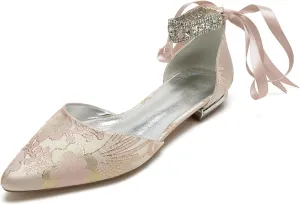 Bride Pump Women Low Heel Sandals Wedding Shoes Flat Heel Closed Pointed Toe Bridal Shoes Comfortable Ankle Strap Bowknot Floral Ballet,Pink,11.5