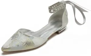 Bride Pump Women Low Heel Sandals Wedding Shoes Flat Heel Closed Pointed Toe Bridal Shoes Comfortable Ankle Strap Bowknot Floral Ballet,Silver,9