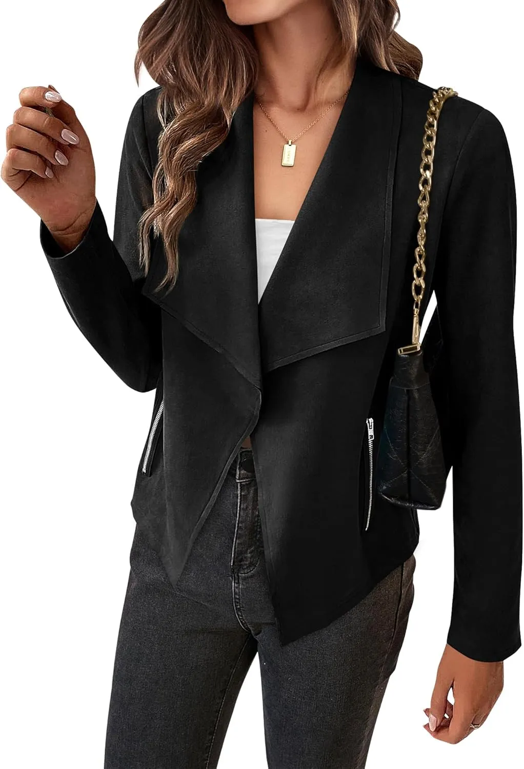 BTFBM Womens Faux Suede Jackets Dressy Spring Summer Clothes 2025 Lapel Long Sleeve Open Front Cropped Outerwear Coats