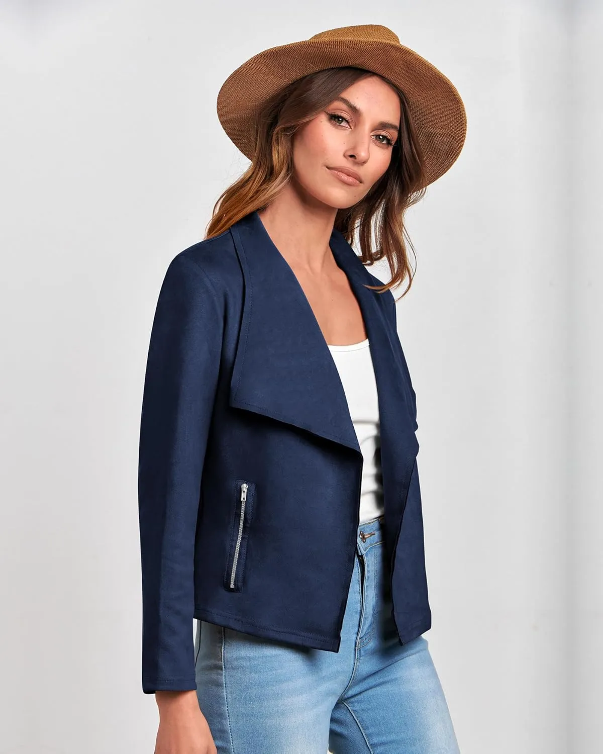 BTFBM Womens Faux Suede Jackets Dressy Spring Summer Clothes 2025 Lapel Long Sleeve Open Front Cropped Outerwear Coats