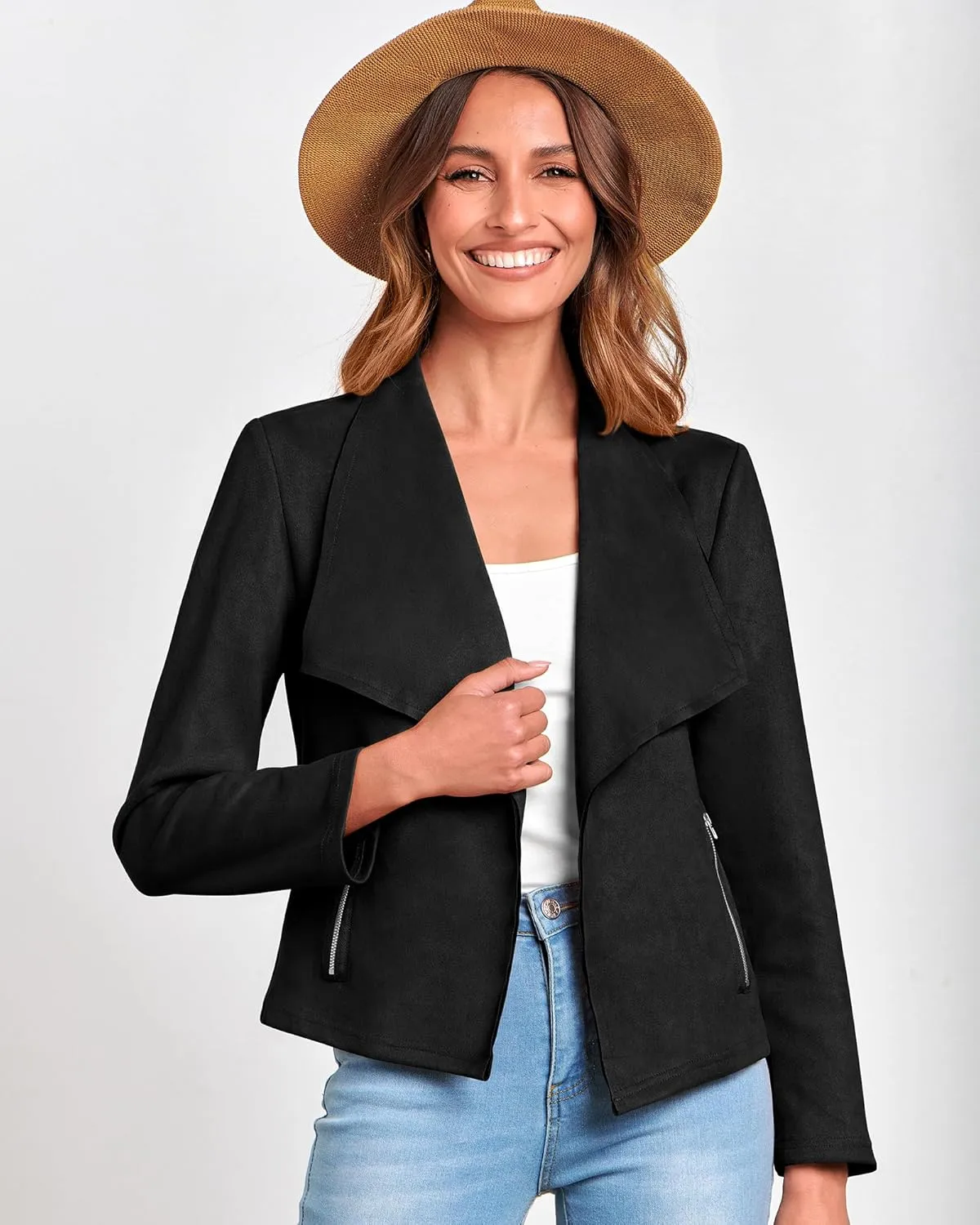 BTFBM Womens Faux Suede Jackets Dressy Spring Summer Clothes 2025 Lapel Long Sleeve Open Front Cropped Outerwear Coats