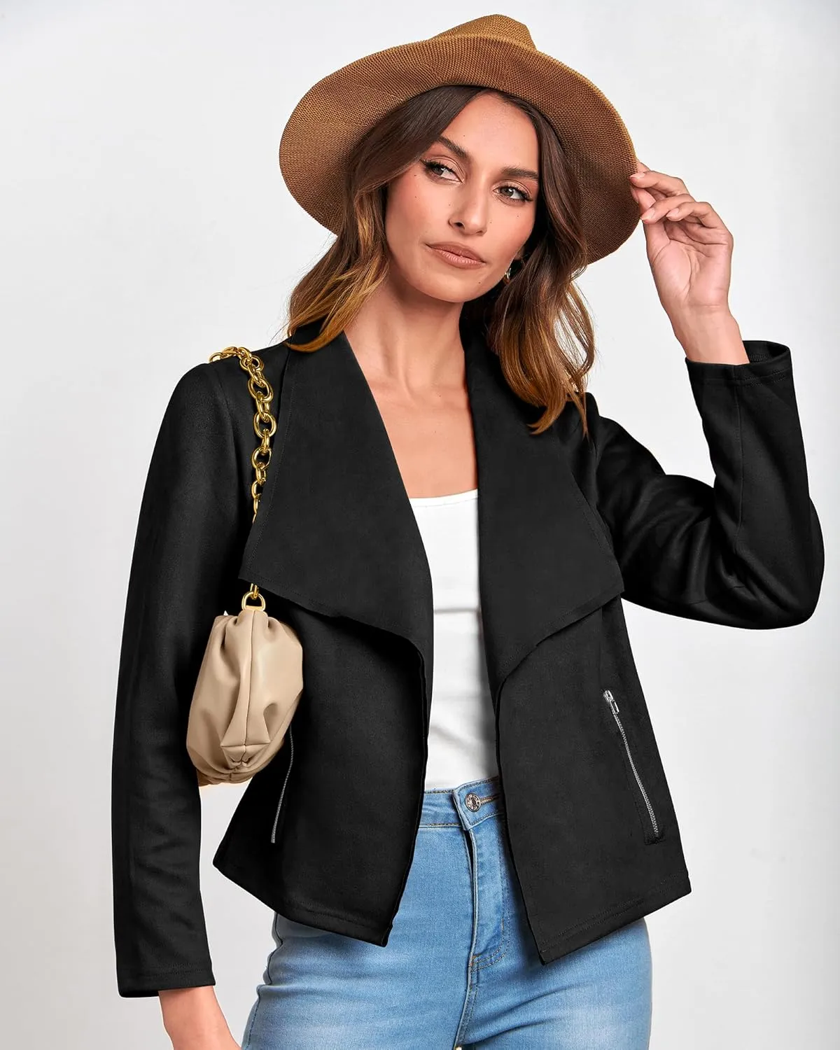 BTFBM Womens Faux Suede Jackets Dressy Spring Summer Clothes 2025 Lapel Long Sleeve Open Front Cropped Outerwear Coats