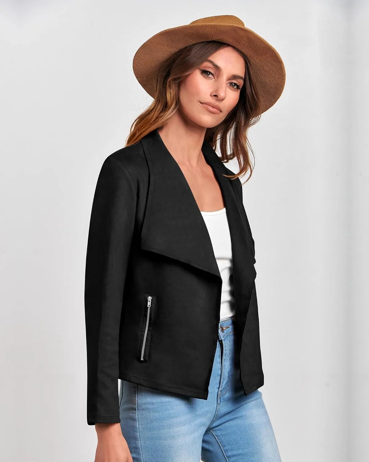 BTFBM Womens Faux Suede Jackets Dressy Spring Summer Clothes 2025 Lapel Long Sleeve Open Front Cropped Outerwear Coats