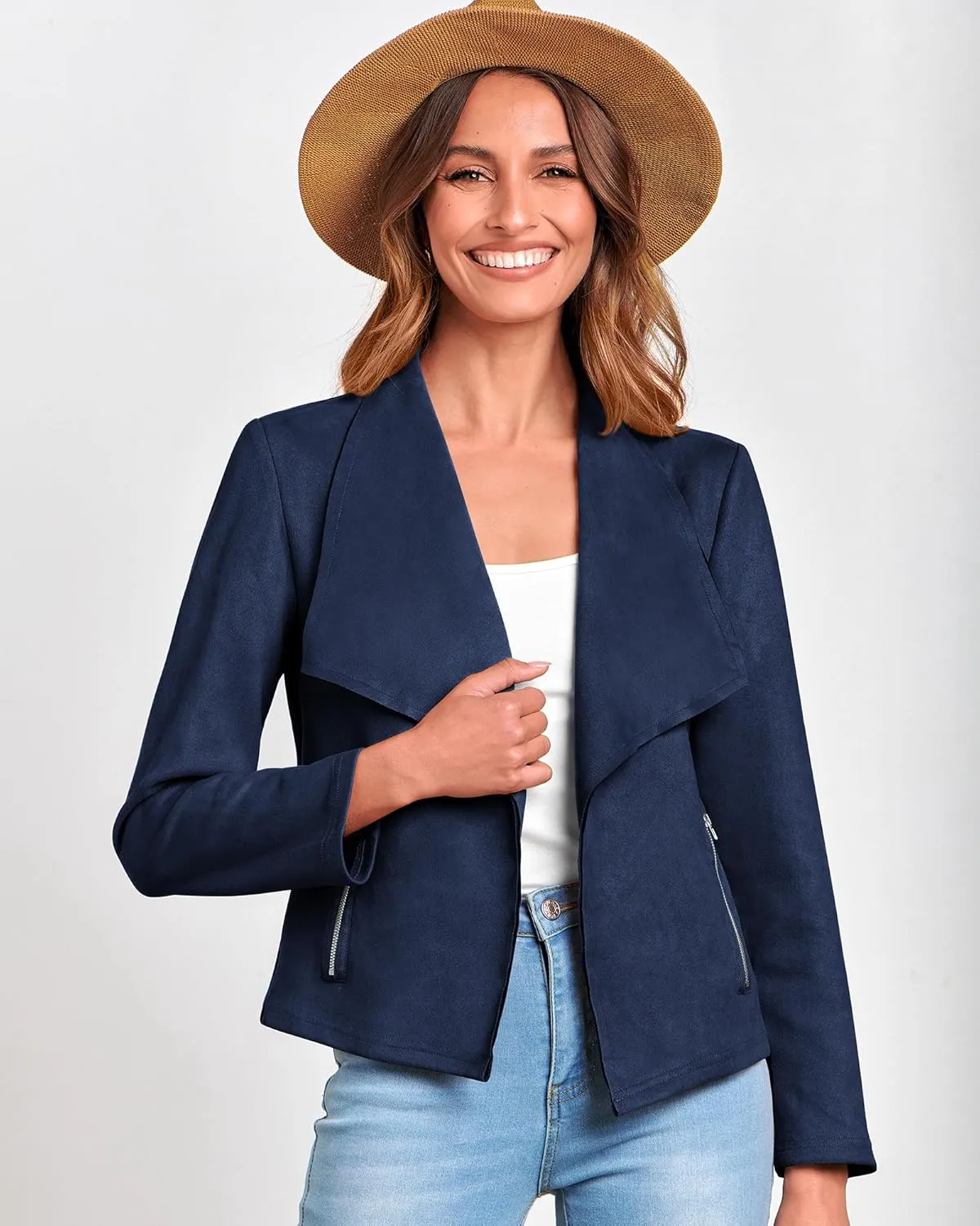 BTFBM Womens Faux Suede Jackets Dressy Spring Summer Clothes 2025 Lapel Long Sleeve Open Front Cropped Outerwear Coats