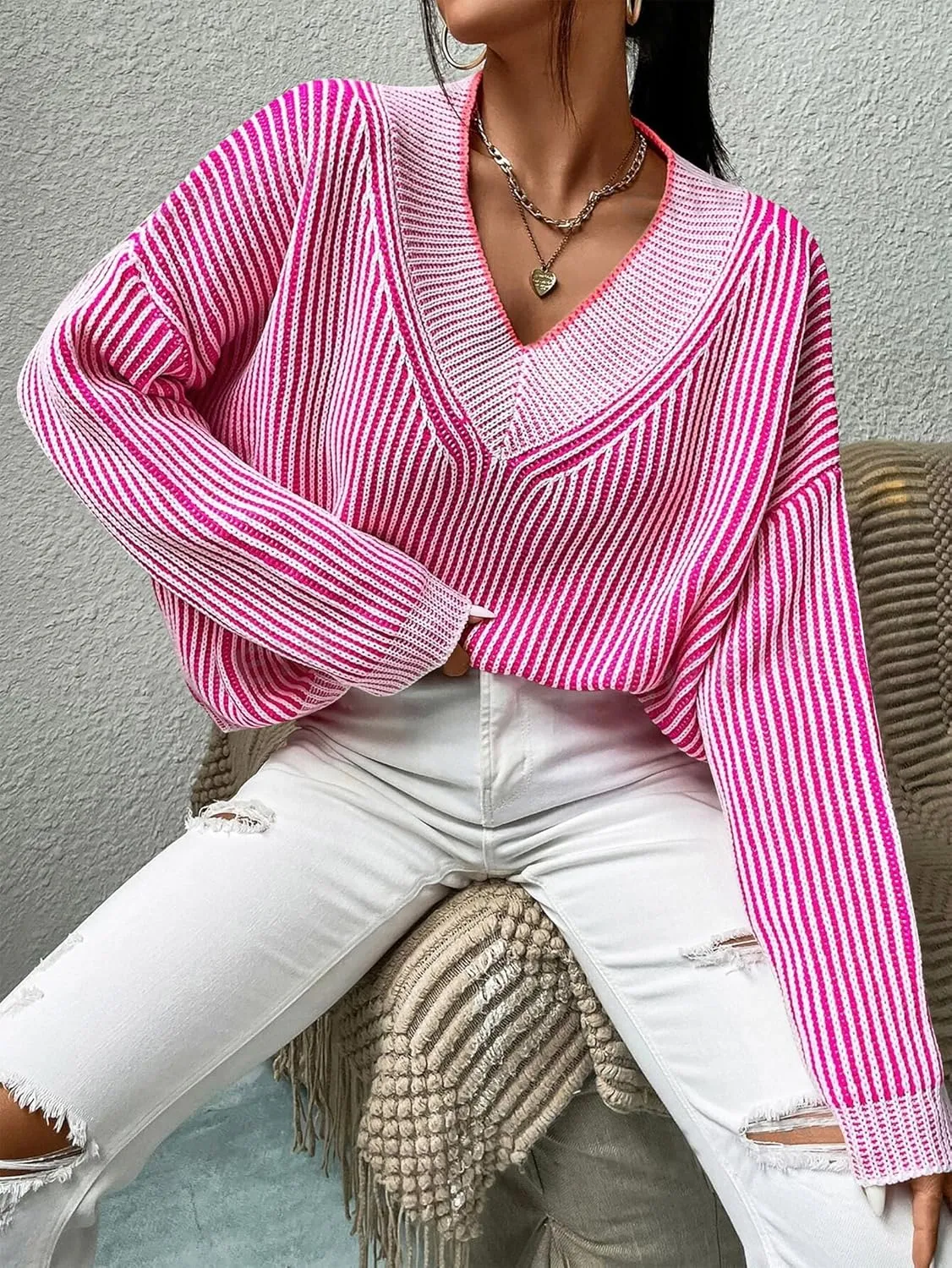 Cakulo Womens Fall 2025 Oversized Striped V Neck Sweaters Long Sleeve Knit Color Block Trendy Pullover Sweater Top