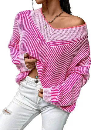Cakulo Womens Fall 2025 Oversized Striped V Neck Sweaters Long Sleeve Knit Color Block Trendy Pullover Sweater Top