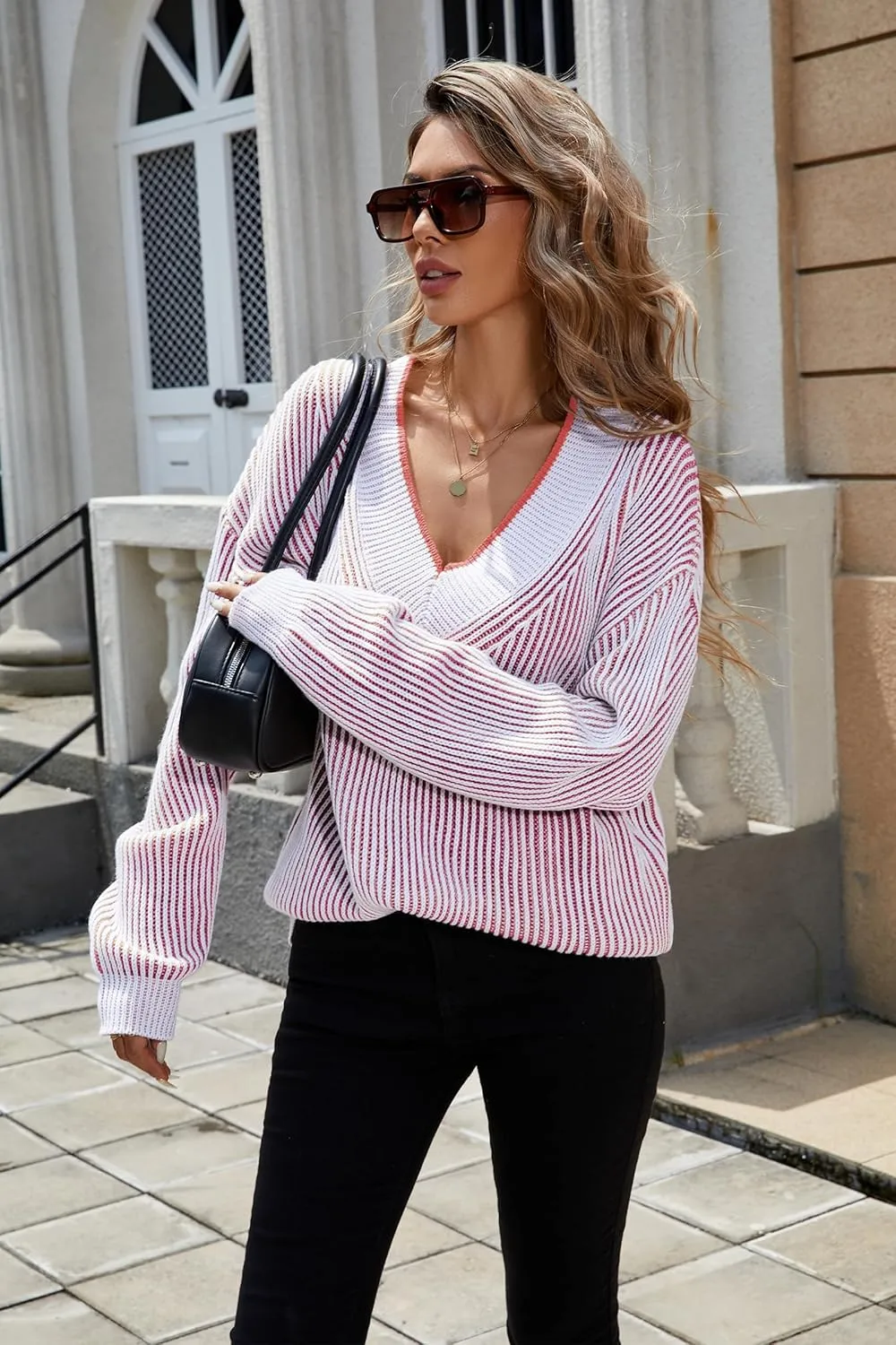 Cakulo Womens Fall 2025 Oversized Striped V Neck Sweaters Long Sleeve Knit Color Block Trendy Pullover Sweater Top