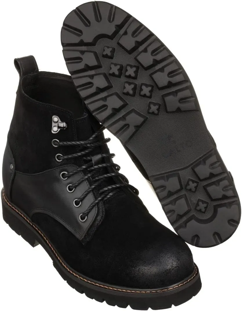 CALTO Men's Invisible Height Increasing Elevator Shoes - Black Nubuck Distressed Leather Round-Toe Lace-up Ankle Boots - 3.3 Inches Taller - K8701 - Size 11.5 D(M) US