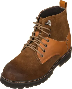 CALTO Men's Invisible Height Increasing Elevator Shoes - Brown Nubuck Distressed Leather Round-Toe Lace-up Ankle Boots - 3.3 Inches Taller - K8702 - Size 7.5 D(M) US
