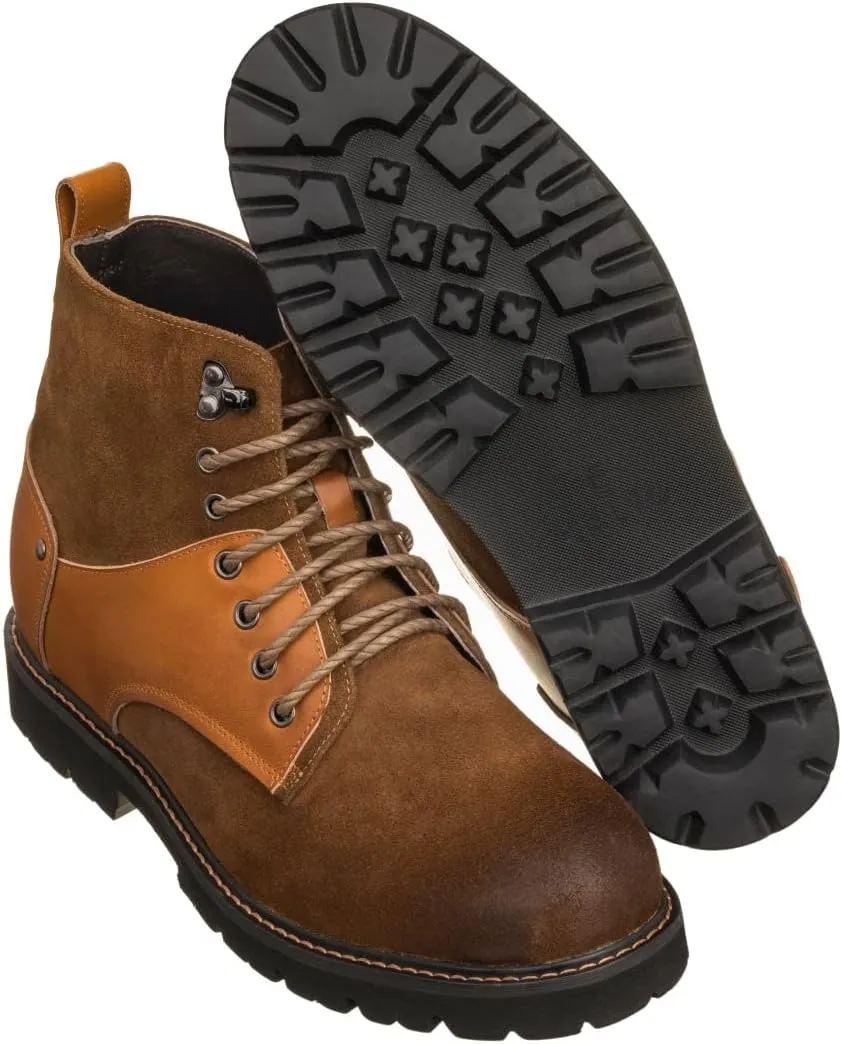CALTO Men's Invisible Height Increasing Elevator Shoes - Brown Nubuck Distressed Leather Round-Toe Lace-up Ankle Boots - 3.3 Inches Taller - K8702 - Size 7.5 D(M) US