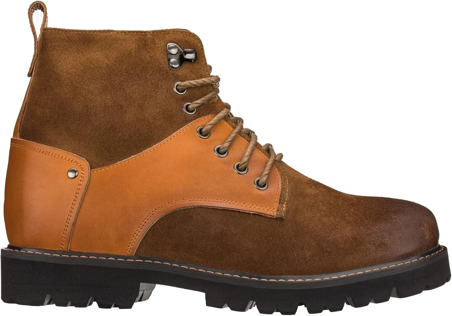 CALTO Men's Invisible Height Increasing Elevator Shoes - Brown Nubuck Distressed Leather Round-Toe Lace-up Ankle Boots - 3.3 Inches Taller - K8702 - Size 7.5 D(M) US