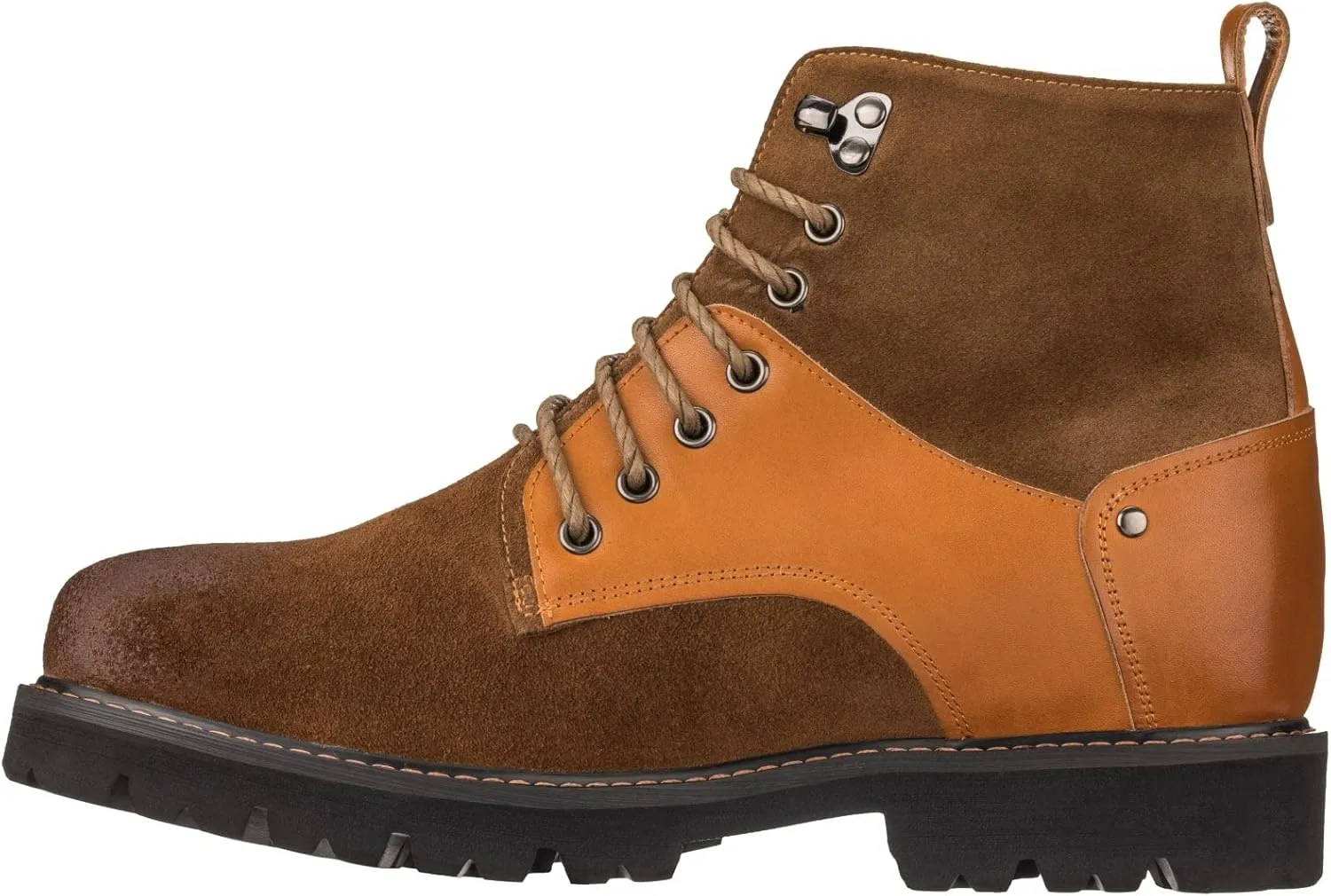 CALTO Men's Invisible Height Increasing Elevator Shoes - Brown Nubuck Distressed Leather Round-Toe Lace-up Ankle Boots - 3.3 Inches Taller - K8702 - Size 7.5 D(M) US