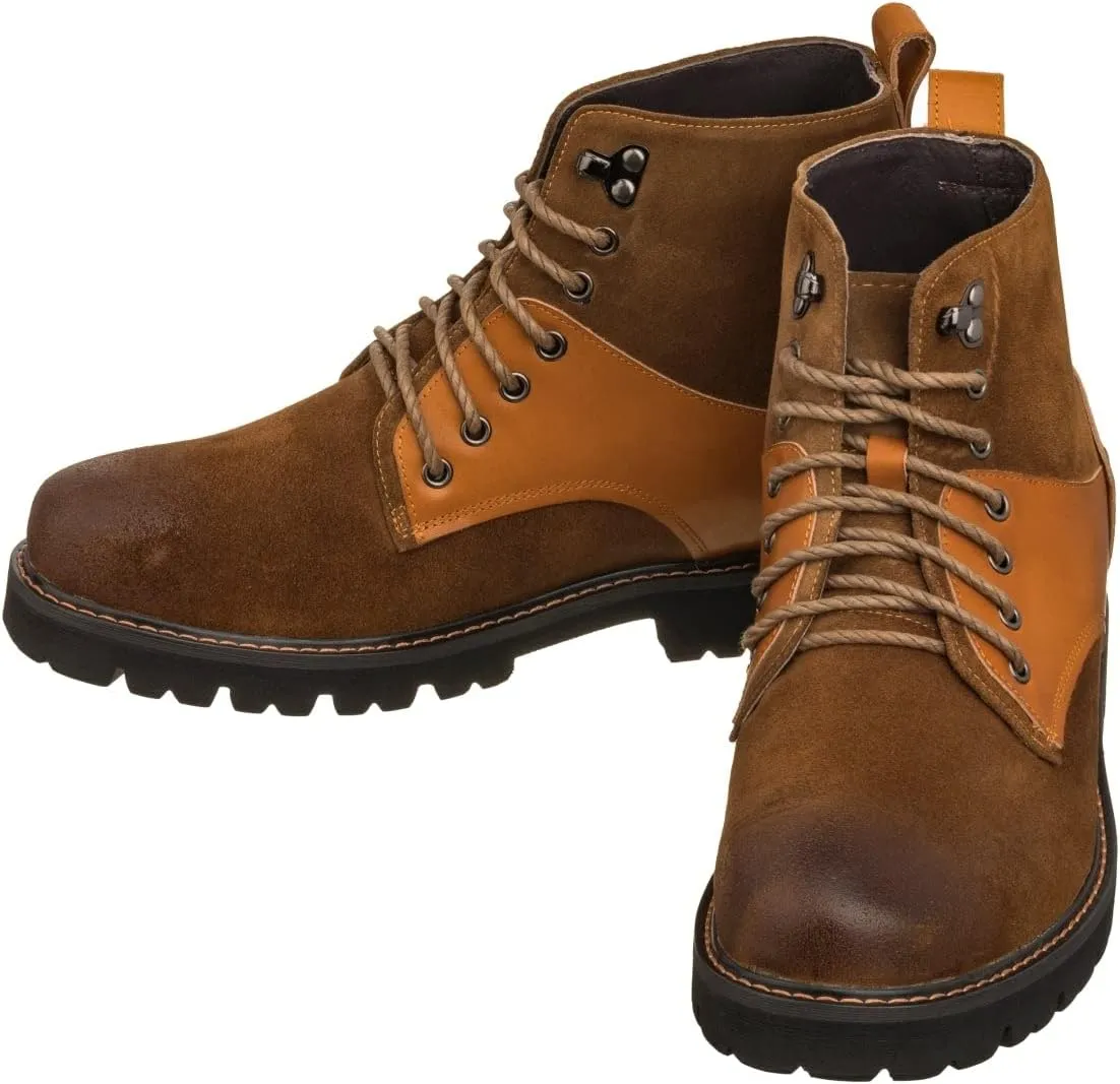 CALTO Men's Invisible Height Increasing Elevator Shoes - Brown Nubuck Distressed Leather Round-Toe Lace-up Ankle Boots - 3.3 Inches Taller - K8702 - Size 7.5 D(M) US