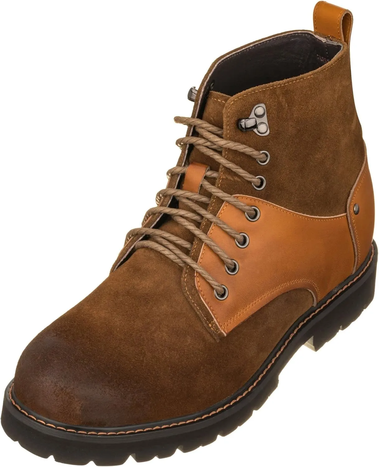 CALTO Men's Invisible Height Increasing Elevator Shoes - Brown Nubuck Distressed Leather Round-Toe Lace-up Ankle Boots - 3.3 Inches Taller - K8702 - Size 7.5 D(M) US