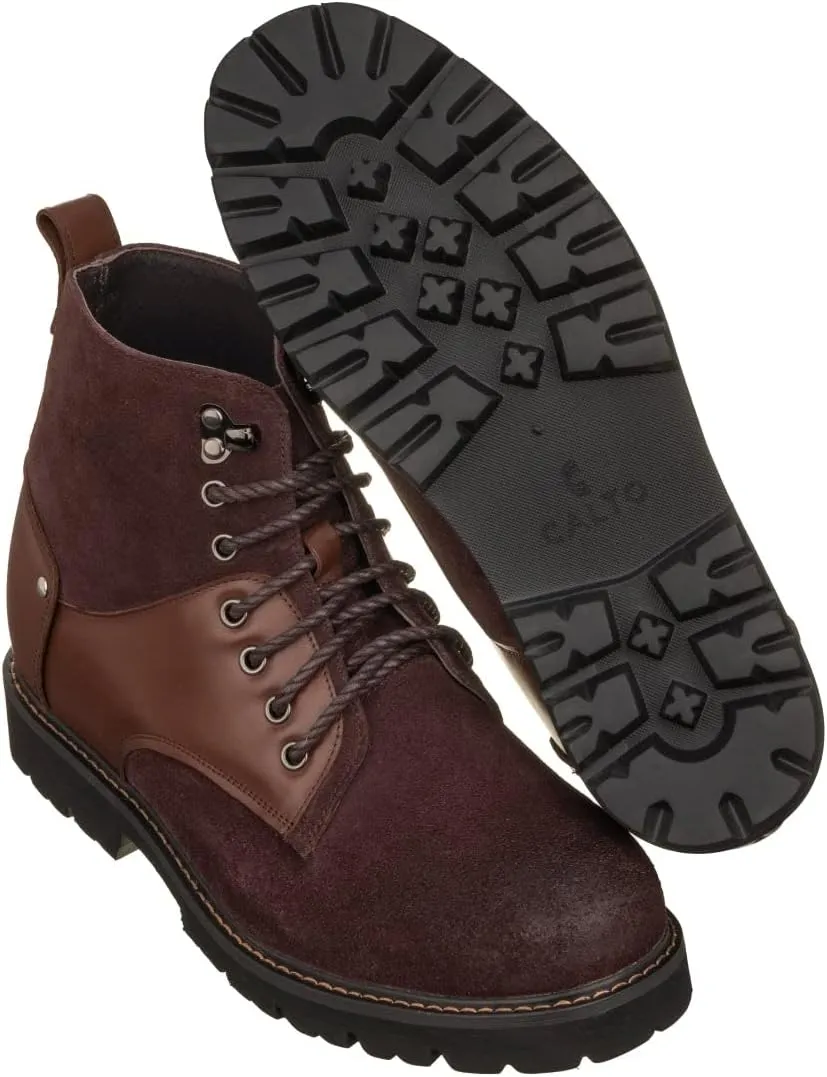 CALTO Men's Invisible Height Increasing Elevator Shoes - Dark Brown Nubuck Distressed Leather Round-Toe Lace-up Ankle Boots - 3.3 Inches Taller - K8703 - Size 9 D(M) US