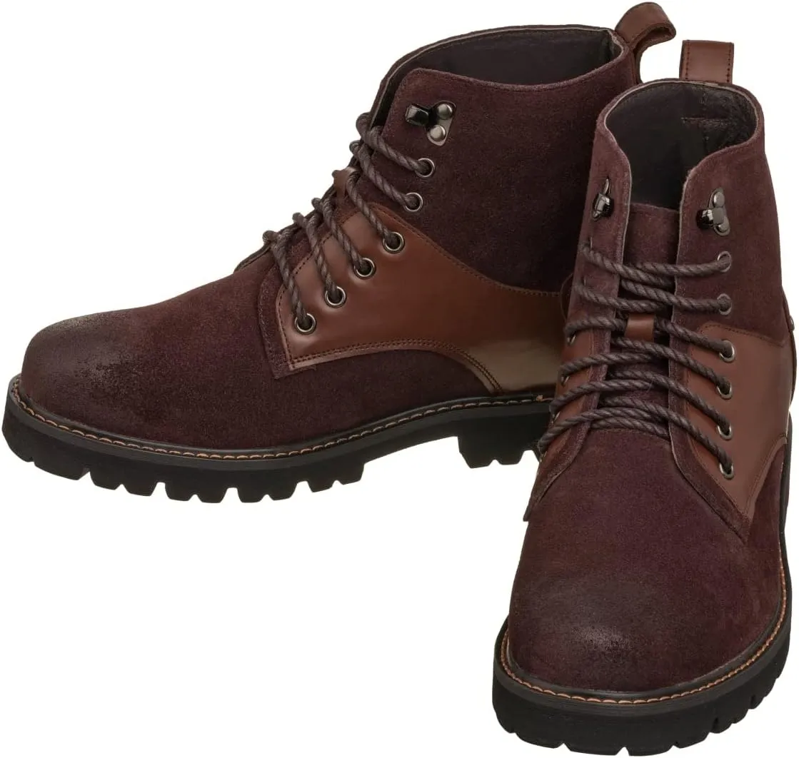 CALTO Men's Invisible Height Increasing Elevator Shoes - Dark Brown Nubuck Distressed Leather Round-Toe Lace-up Ankle Boots - 3.3 Inches Taller - K8703 - Size 9 D(M) US