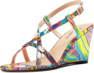 Castamere Womens High Wedge Heel Open Toe Slingback Cross-Strap Slip-on Gladiator Pearls Sandals Prom Summer 3.9 Inches Heels
