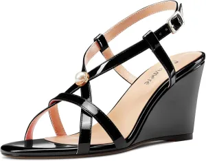 Castamere Womens High Wedge Heel Open Toe Slingback Cross-Strap Slip-on Gladiator Pearls Sandals Prom Summer 3.9 Inches Heels