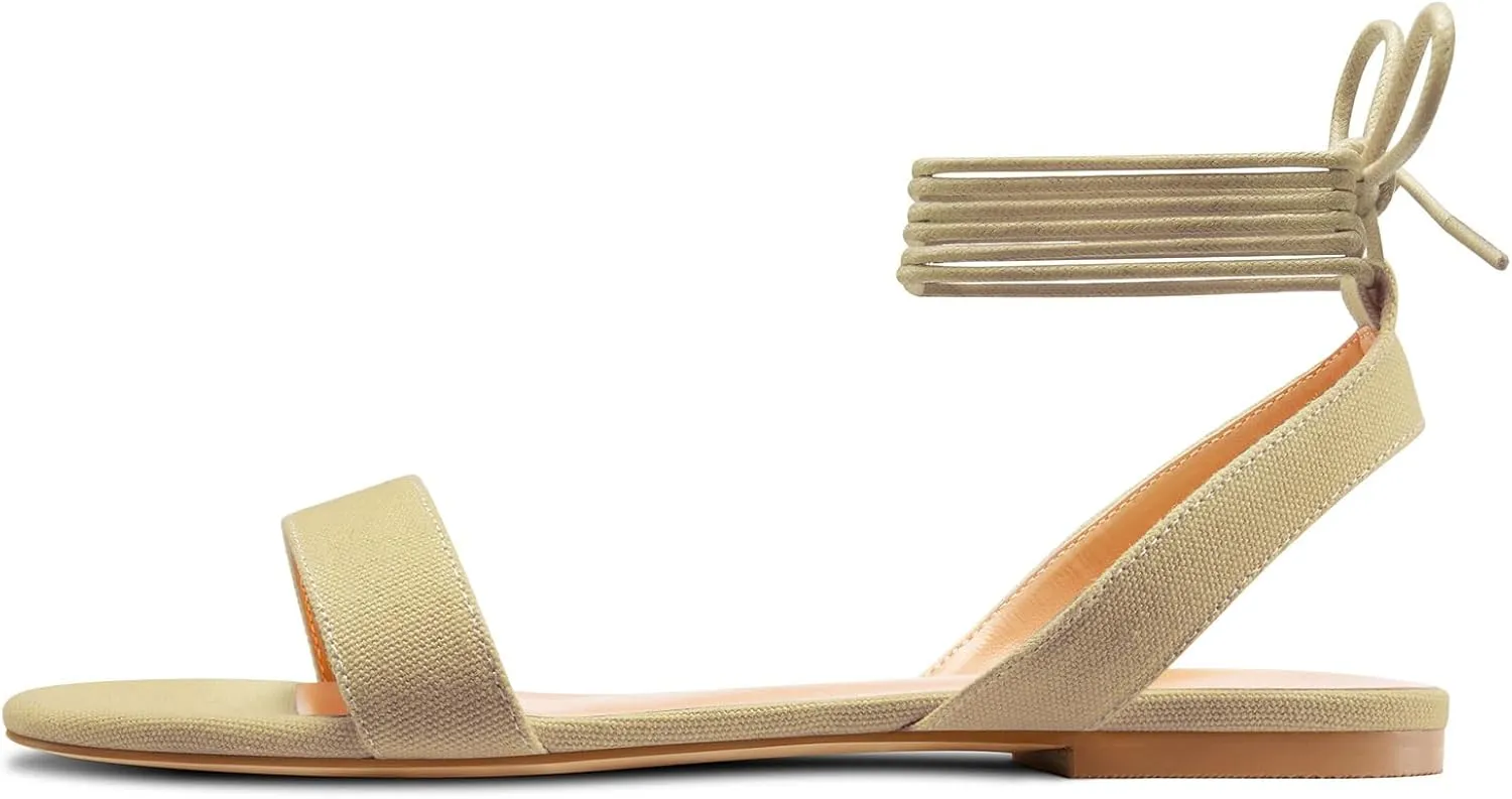 Castamere Womens Low Heel Open Toe Ankle Strap Lace-up Flats Shoes Sandals Casual Basic Classic Denim Summer 0.4 Inches Heels